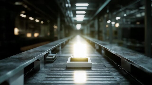 A box is sitting on a conveyor belt. Semiconductor chip sitting alone on empty production line conveyor belt, semiconductor shortage dramatic dark industrial