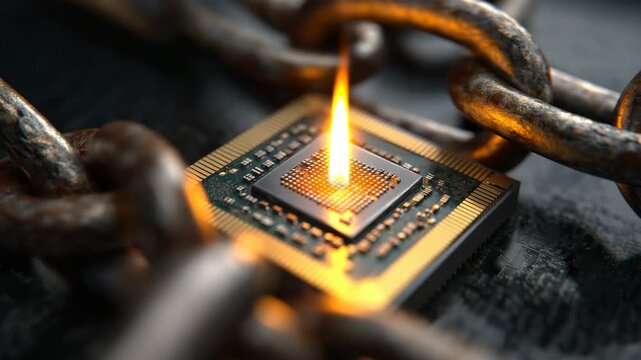 A computer chip is on top of a chain. The chain is rusty and the chip is yellow. Semiconductor chip trapped inside metal chain lock, semiconductor shortage dark caution sci‑tech mood