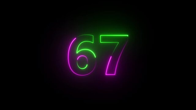 "Glowing Neon Number 67. Vibrant Electric Green and Pink Light Typography on Dark Background for Futuristic neon number , Glowing neon number 67 , Signage, Party Theme, or Visual Countdown Display"