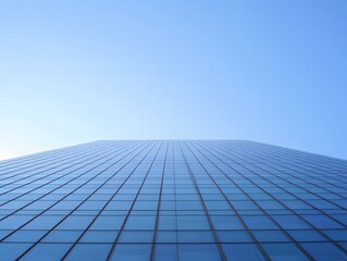 Glass building reaching towards the sky with a modern and sleek design under blue skies