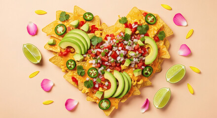 Nacho Platter in a Heart Shape, Avocado and Pico de Gallo on a Peach Background