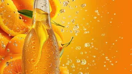 Fresh Orange Juice Bottle with Sliced Oranges and Water Droplets on Bright Orange Background