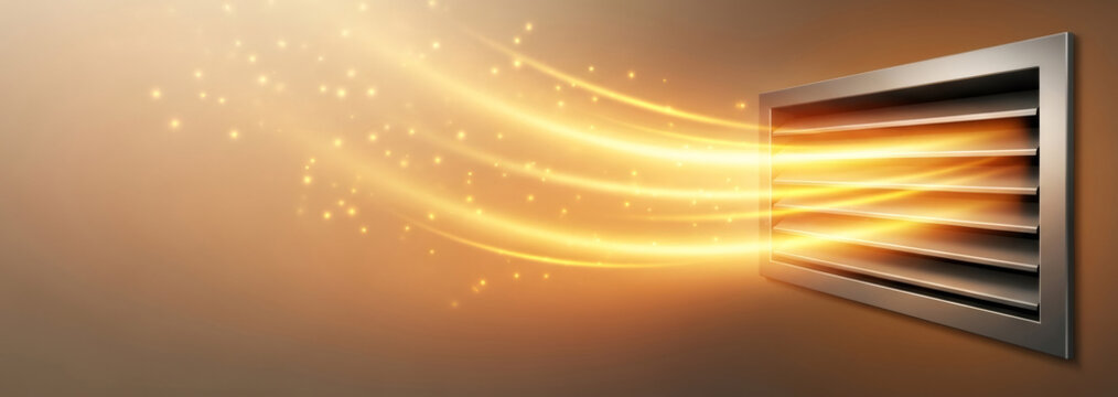 Warm air flow with energy particles from ventilation system. Home heating and climate recuperation concept. Energy efficiency and healthy environment system.