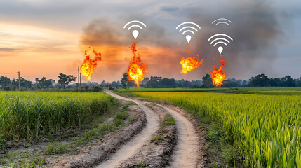 Wireless Signals Over a Burning Field at Sunset