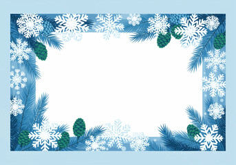 Winter frame with snowflakes, pine cones and fir branches.