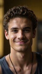 Fototapeta premium Portrait of a smiling man with curly hair and a necklace looking at the camera directl y