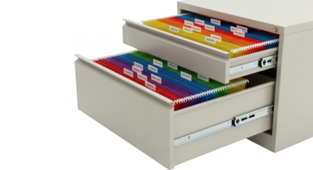 Organized rainbow filing cabinet with labels