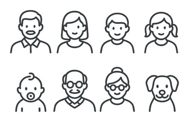 Simple outline icons of diverse people and dog on dark background