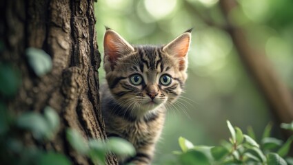 Obraz premium A cute kitten peeking from behind a tree in a lush green setting.