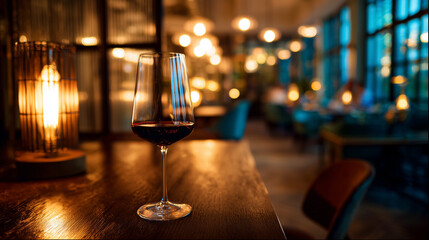 Glass of red wine elegantly placed on a dark wooden table, reflecting warm ambient light.
