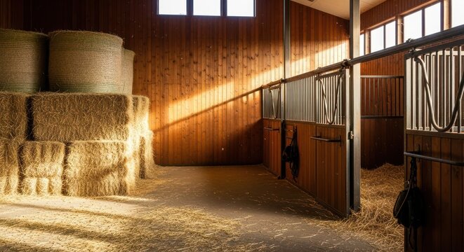 Inside a rustic barn with hay bales and stalls.