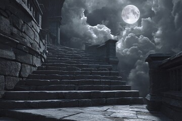 Fototapeta premium Mystical Stairway to the Moon Fantasy Background with Clouds and Fog. Generative AI