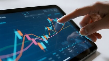 Hand interacting with a digital tablet displaying financial market charts and data