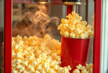 Kernels popping in a classic red popcorn machine, steam rising, fluffy, crispy