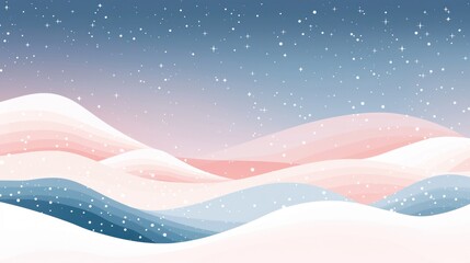 Pastel winter landscape with snow-covered hills and falling snow under a light blue sky