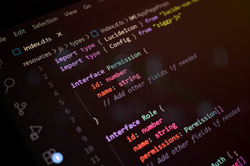 Close-up view of TypeScript source code displayed on a dark screen in developer mode. Programming interface showing object types and data structures used in modern web development.