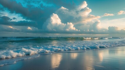 Obraz premium A peaceful beach scene with ocean waves, clouds, and reflections on the wet sand under a partly cloudy sky.