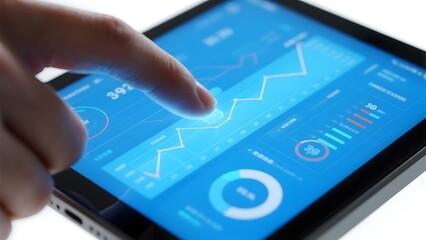 Hand interacting with a digital tablet displaying financial data and graphs