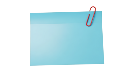 Blue Paper Note with Red Clip PNG: A blank sheet of light blue paper with a red paperclip. A simple, colorful office element isolated on a transparent background.