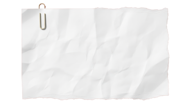 Crumpled Paper Note with Clip PNG: A blank, wrinkled white sheet of paper held by a metal paperclip. An isolated, realistic element on a transparent background for messages.