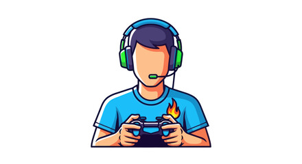 Cartoon Gamer with Headset and Controller, Playing Video Games.