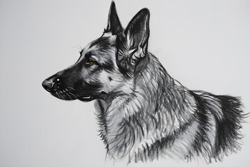 Closeup charcoal drawing of a majestic german shepherd with detailed fur and expressive eyes on white background