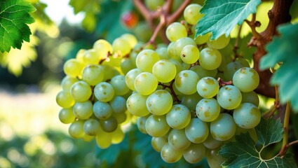 Cluster of green grapes on vine in sunlight. Agricultural produce and fruit. Nature and vineyard. The concept of harvesting and healthy eating.