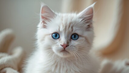 White kitten with blue eyes and pink nose staring at camera. Cute domestic cat, soft fur, indoor background. Adorable pet.