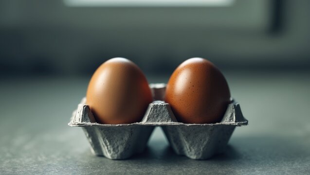 Two brown eggs in a gray egg carton on a gray surface.
