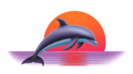 Fototapeta premium A playful dolphin leaping gracefully against a vibrant orange and purple sunset over the calm ocean waves