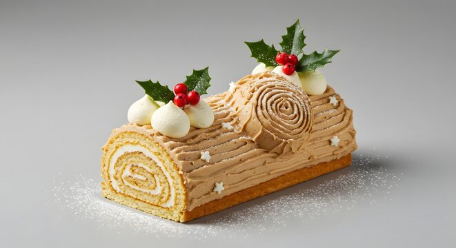 Festive Christmas Yule Log Cake with Holly Decoration