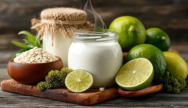 A display of yogurt, lime, and other probiotic-rich foods, symbolizing gut microbiota restoration and healthy eating.