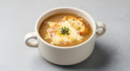 French Onion Soup with Melted Cheese and Crouton
