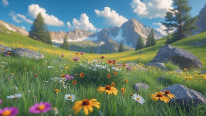 Fototapeta premium Vibrant wildflower meadow with mountains in the background on a bright, partly cloudy day.