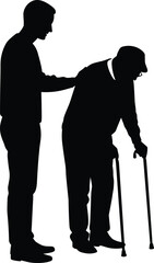 Silhouette of young man supporting elderly man with two walking sticks, elderly care, assistance, health, mobility, compassion, and help concept.