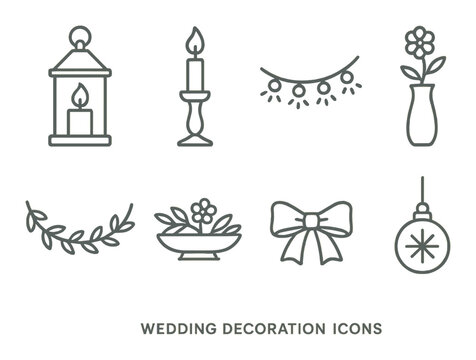 Elegant wedding decorations icons featuring candles, garland, vase, bow, lantern, and ornament - Powered by Adobe