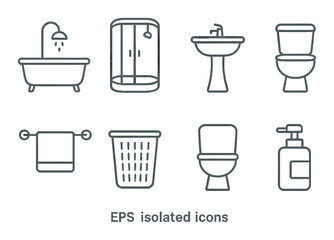 Bathroom icon set featuring shower, bathtub, sink, toilet, towel, basket, soap dispenser