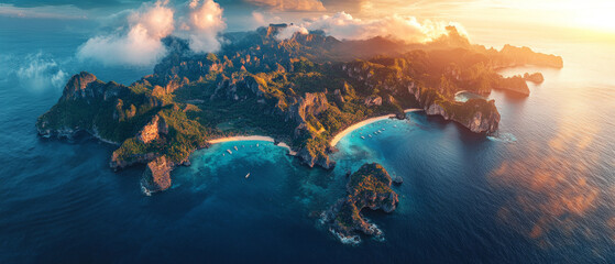 A panorama of a tropical island with azure lagoons and green hills is an excellent backdrop for travel websites, resort advertising, and presentations.