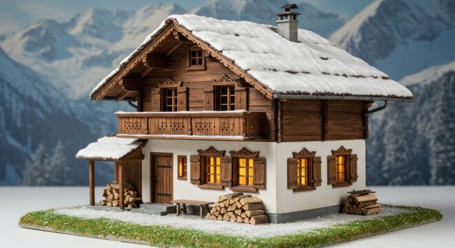 Wooden chalet model, snow-covered, mountains - Powered by Adobe