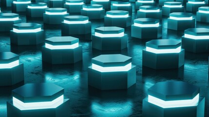 Futuristic Blue Hexagonal Platform Array in Dark Environment for Technology and Innovation Concepts