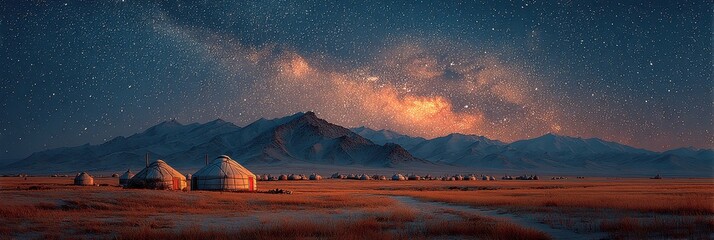 Night sky over a mountain landscape with traditional yurts under the Milky Way