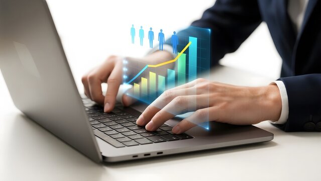 Businessman analyzing data on laptop with holographic growth chart and figures