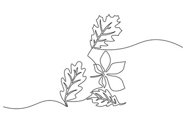 Continuous one line drawing of Autumn Leaves. Single line drawing illustration of Fall leaves. Autumn vibes concept vector art. Doodle line illustration.