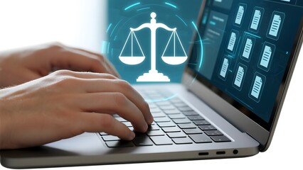 Hands typing on a laptop with a digital display of justice scales and document icons, symbolizing legal technology.