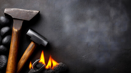 Blacksmith's Tools Flames And Sparkles On Black Background Dramatic Lighting
