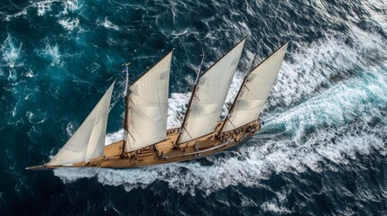 A sailing ship with white sails sails across the stormy sea, perfect for articles about sea voyages and yacht club advertising.