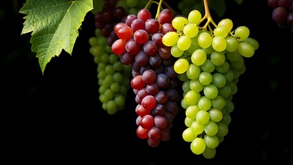 Fresh Red and Green Grapes Hanging on Vine with Leaf