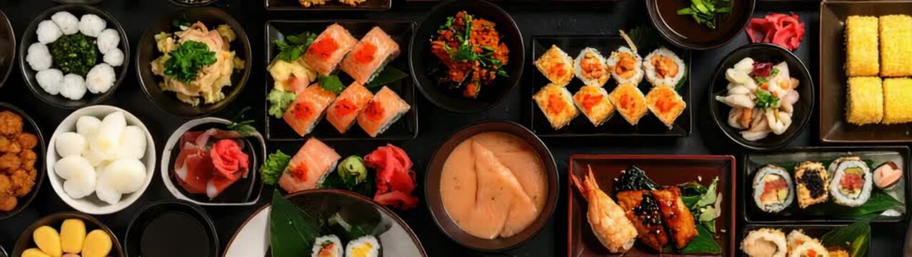 Plates overflowing with colorful sushi, maki rolls, sashimi, tempura, and other traditional japanese dishes.