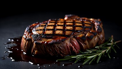 Juicy Grilled Steak with Rosemary on Black Background
