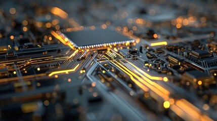 Close-up of a futuristic circuit board with glowing orange pathways and intricate components.